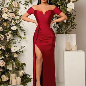 Red Preppy Womens Off Shoulder Ruched Split Thigh Dress